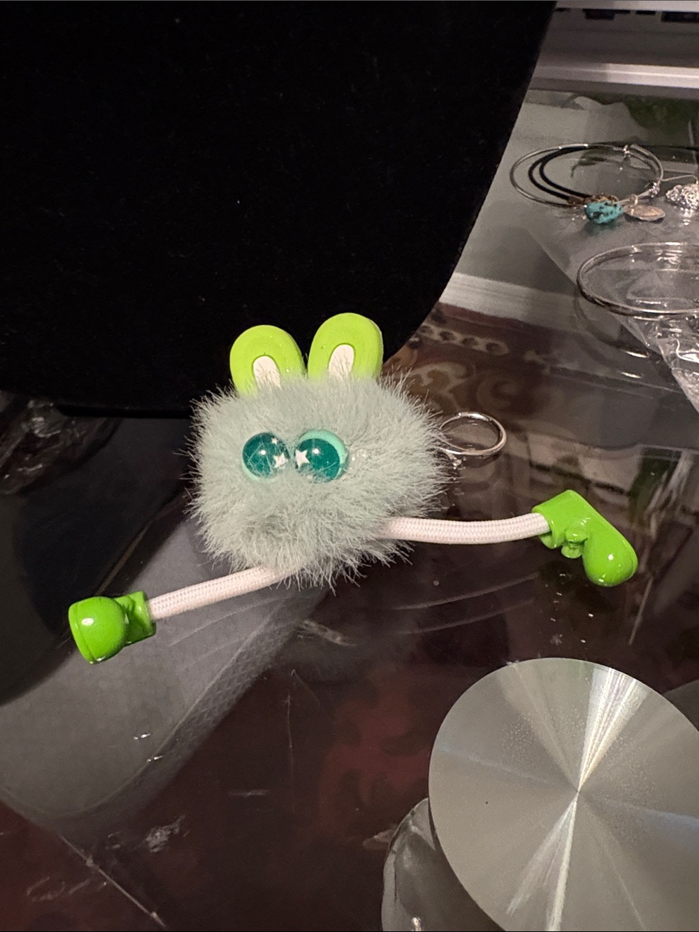 Fuzzy Bunny Hair Toy with Green Accents Keychain or Back Pack or Purse Key Chain